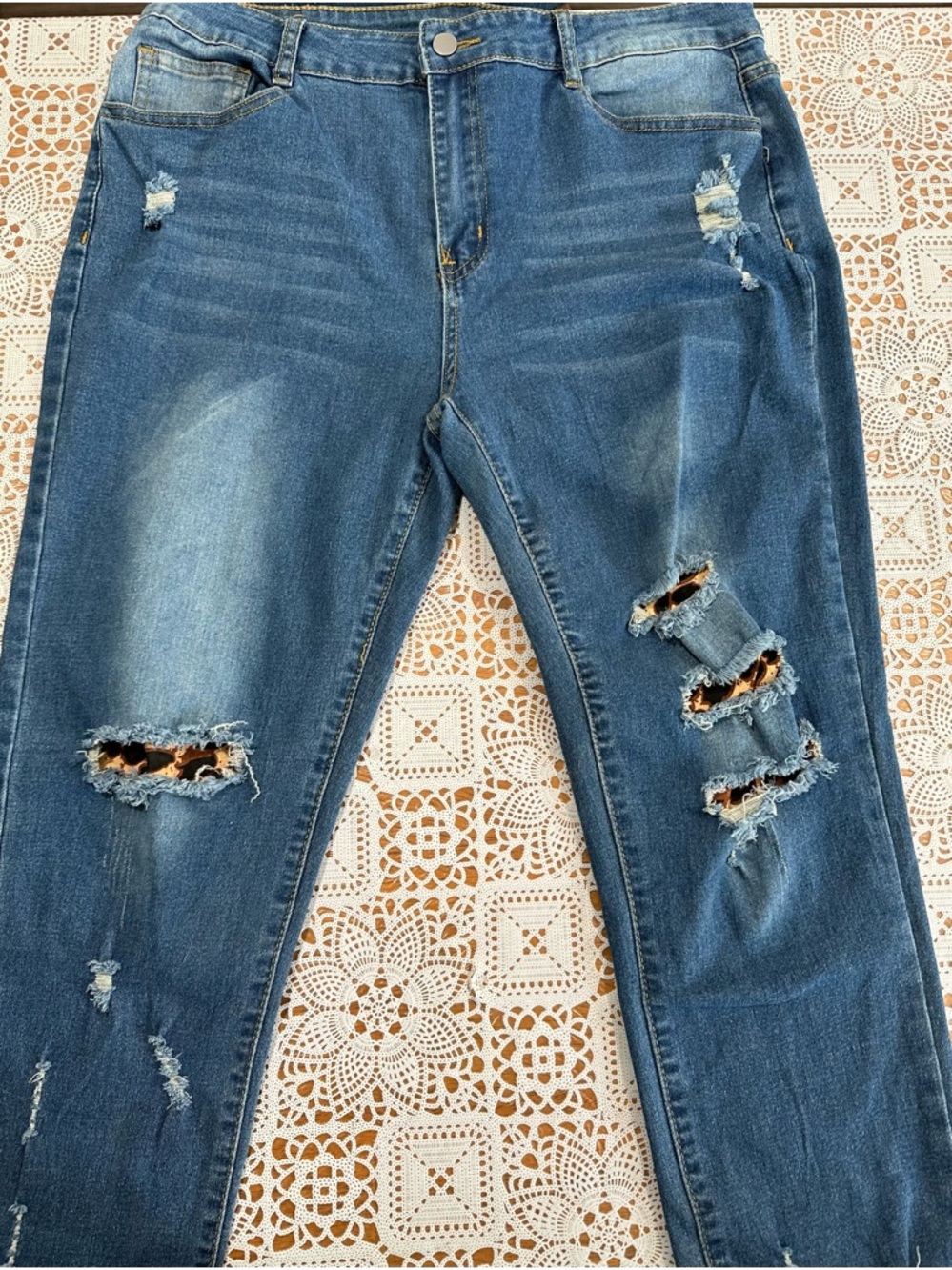 Blue Leopard-Back Distressed Skinny Jeans